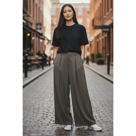 Tronjori Womens XL Taupe Wide Leg  Palazzo Pants Pleated Boho Lagenlook Casual - Picture 1 of 8